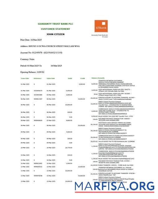 Blank Nigeria Guaranty Trust Bank Plc account statement word version 2 example